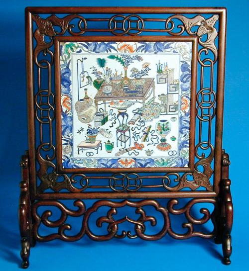 Miniature Screen with Painted Tile & Ornately Carved Stand