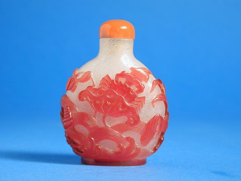 Glass Snuff Bottle with Red  Overlay Design of crabs, lotus, waves & fish