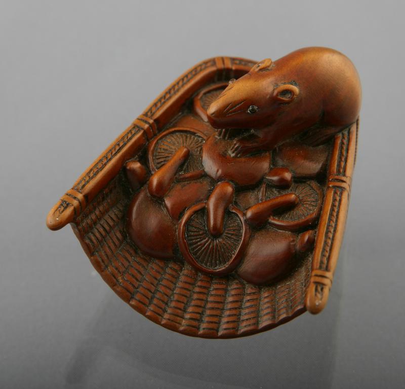 Netsuke of a Rat in a Basket of Mushrooms