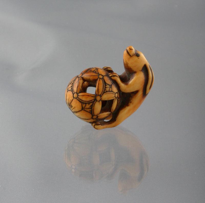 Netsuke of Hare on a Pierced Ball