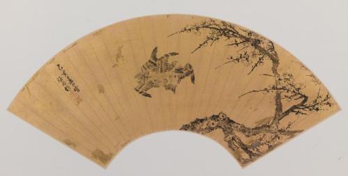 Fan Painting of Fighting Birds and Prunus Branch