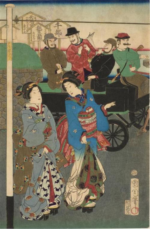 Foreigners in a Carriage passing Two Courtesans