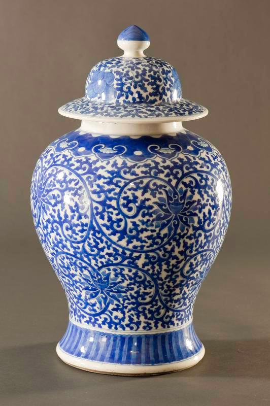 One of a Pair of Blue and White Porcelain Covered Jars