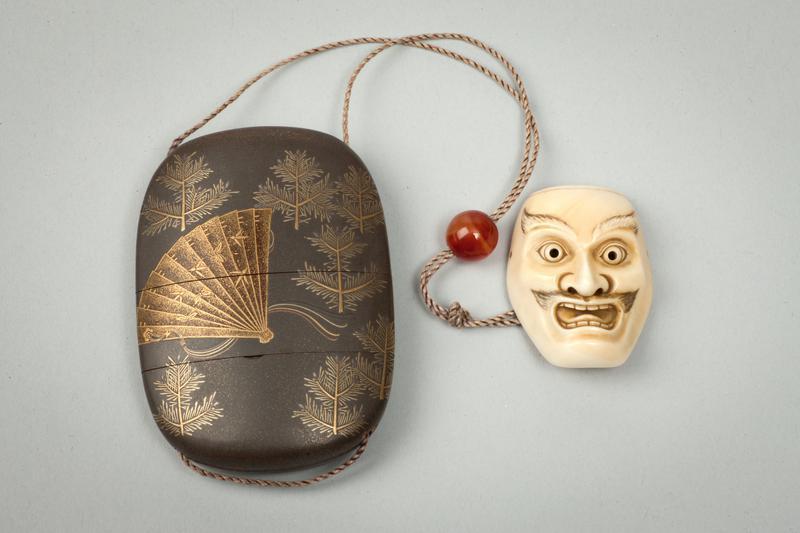 Lacquer Pine Design Inro with Noh Mask Netsuke and Carnelian Ojime