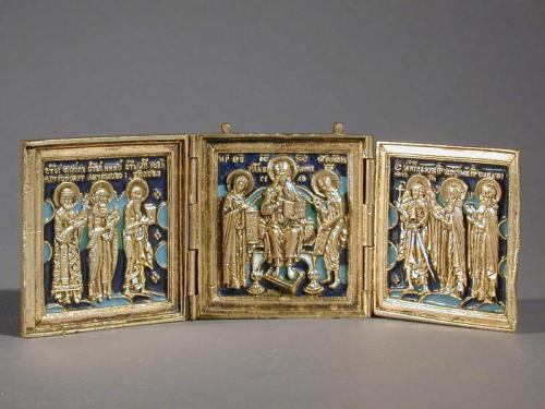 Portable Triptych Icon Depicting Christ, the Virgin, John the Baptist, Archangel Michael & Saints