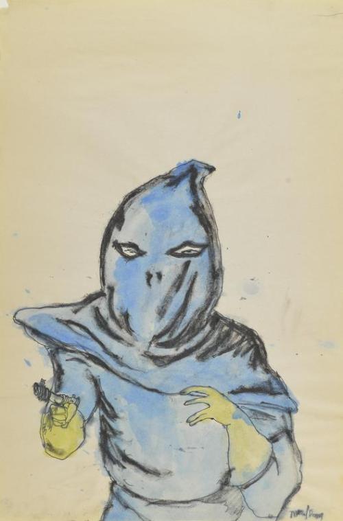 Untitled (blue hooded figure with gun)