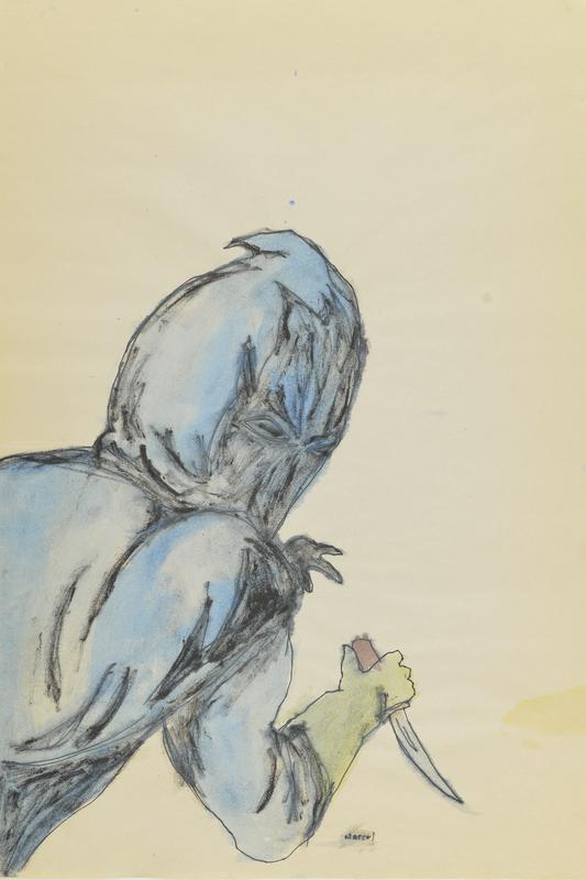 Untitled (blue hooded figure with knife)