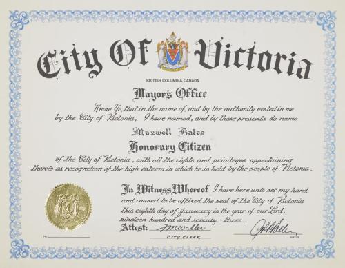 Maxwell Bates: City of Victoria/Honorary Citizen