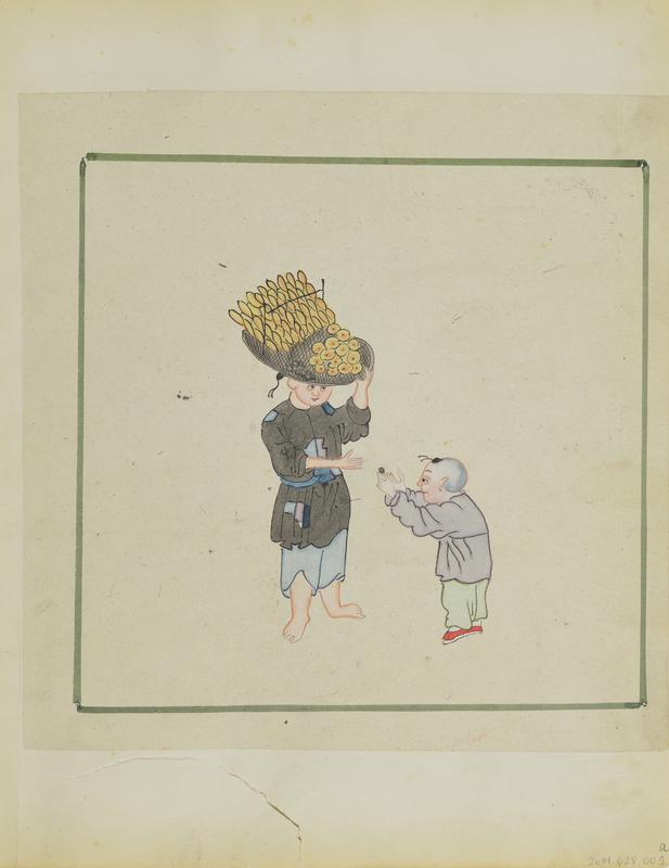 Untitled (Man carrying a basket of bread on his head) (Side A)
Untitled (Man with two baskets and a candle lantern) (Side B)