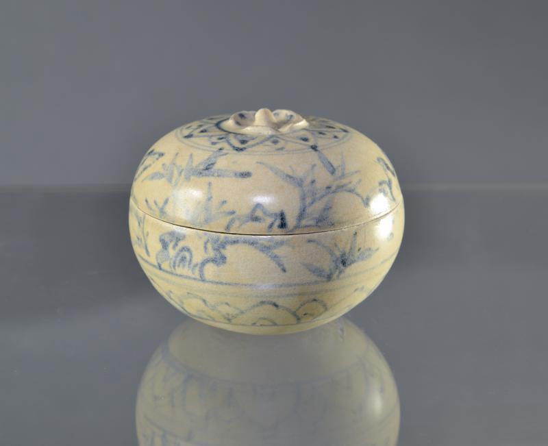 Blue and white lidded jar