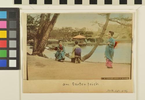 Untitled (Ladies in garden by a pond)