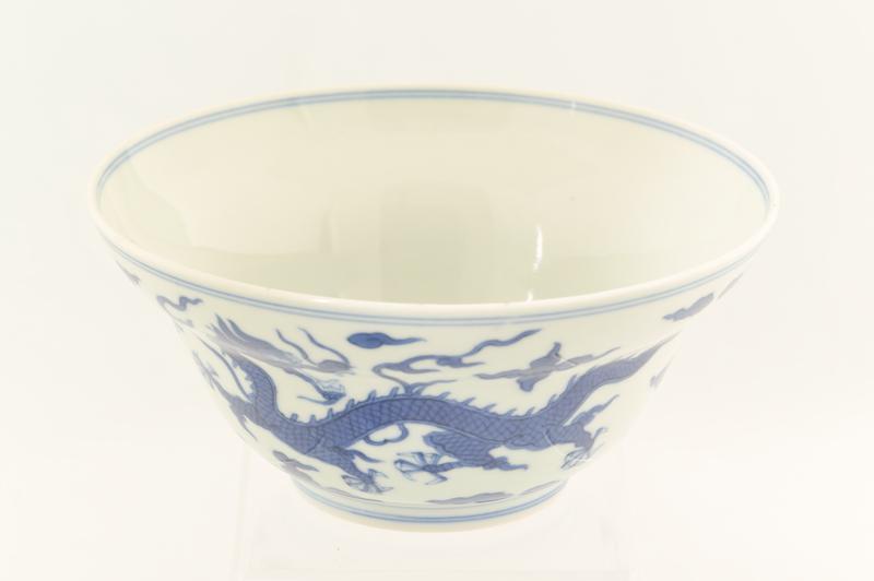 Blue and White Bowl with Dragon and Scroll Motif