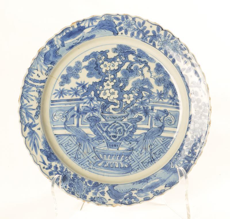 Blue and White Dish with Two Crane and Vase Motif