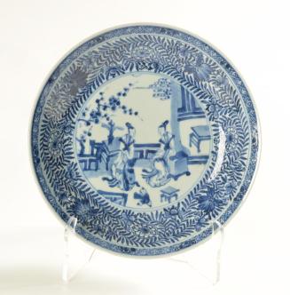 Blue and White Dish with Two Seated Female Figures and a Small Boy