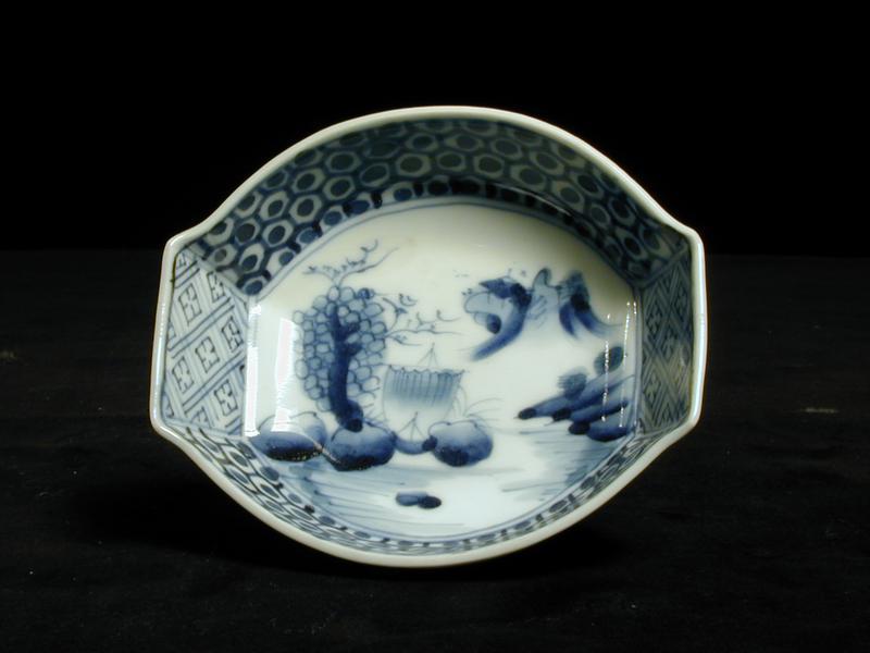 Oblong Blue and White Dish with Seascape and Junk