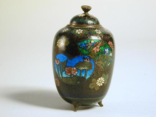 Three Legged Lidded Jar with Enamel Decoration