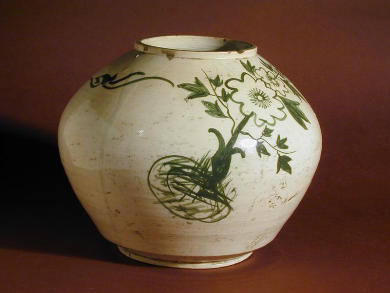 Stoneware Jar with Green Flower and Grass Motif