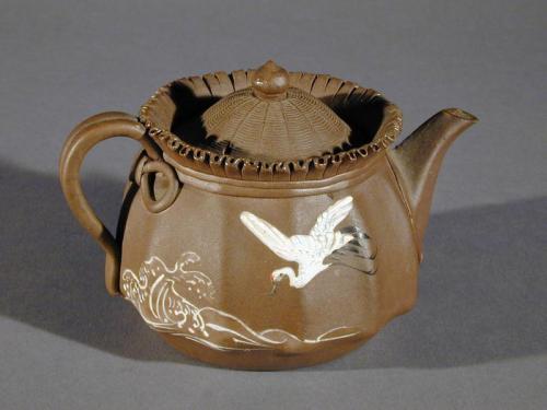 Banko Ware Teapot with White Crane and Wave Design